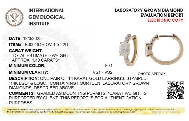 1.5CTW Oval Lab-Grown Diamond Prong Solitare Accent Huggie Earrings 14 Stones