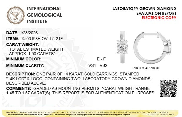 1.5CTW Oval Lab-Grown Diamond Prong Solitaire Huggie Earrings 2 Stones