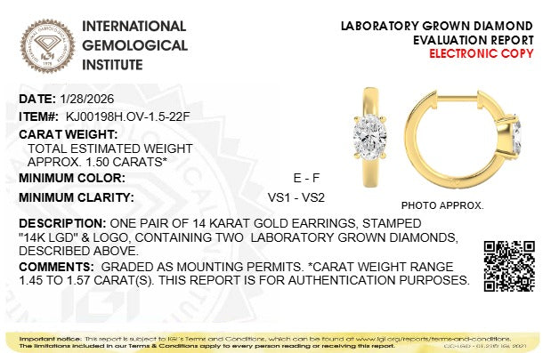 1.5CTW Oval Lab-Grown Diamond Prong Solitaire Huggie Earrings 2 Stones
