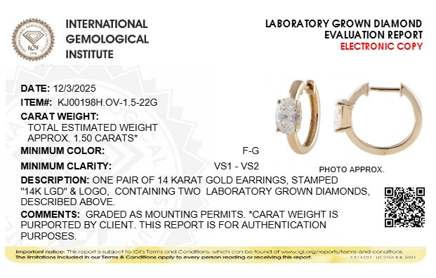 1.5CTW Oval Lab-Grown Diamond Prong Solitaire Huggie Earrings 2 Stones
