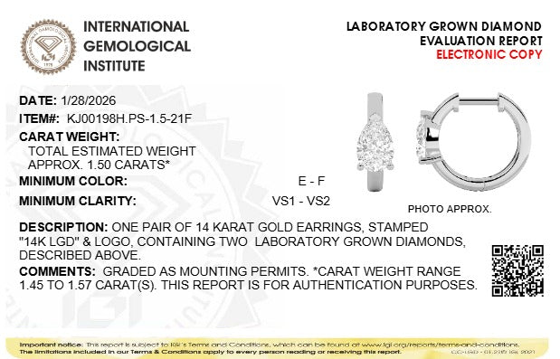 1.5CTW Pear Lab-Grown Diamond Prong Solitaire Huggie Earrings 2 Stones