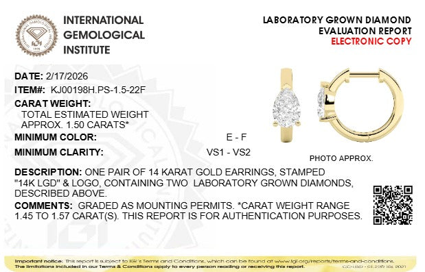 1.5CTW Pear Lab-Grown Diamond Prong Solitaire Huggie Earrings 2 Stones