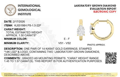 1.5CTW Pear Lab-Grown Diamond Prong Solitaire Huggie Earrings 2 Stones