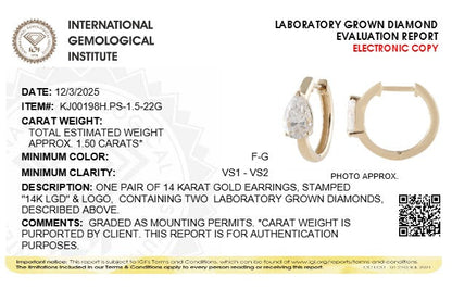 1.5CTW Pear Lab-Grown Diamond Prong Solitaire Huggie Earrings 2 Stones
