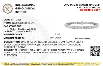 15CTW Round Lab-Grown Diamond Prong Tennis Bracelet 38 Stones