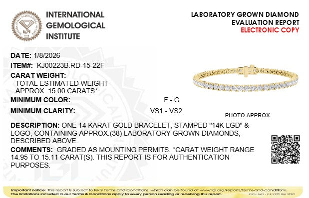 15CTW Round Lab-Grown Diamond Prong Tennis Bracelet 38 Stones
