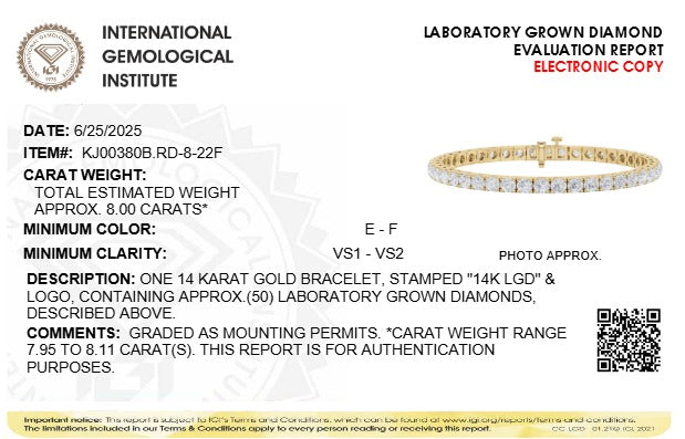 8CTW Round Lab-Grown Diamond Prong Tennis Bracelet 50 Stones F Color