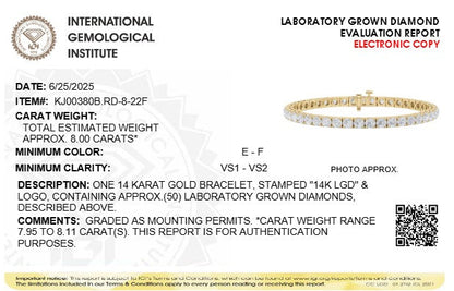 8CTW Round Lab-Grown Diamond Prong Tennis Bracelet 50 Stones F Color