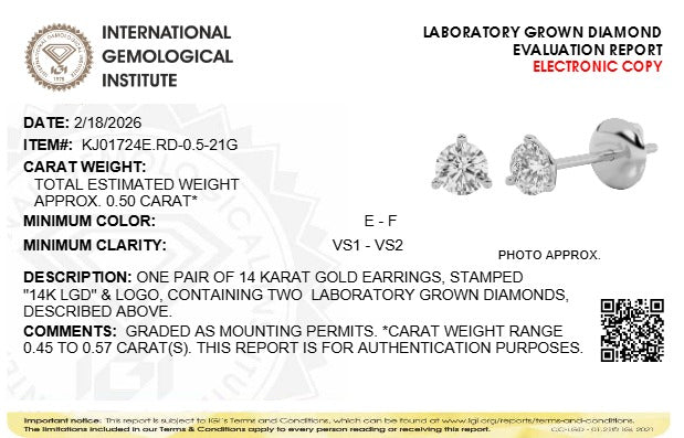 0.5CTW Round Lab-Grown Diamond Three Prong Martini Stud Earrings 2 Stones