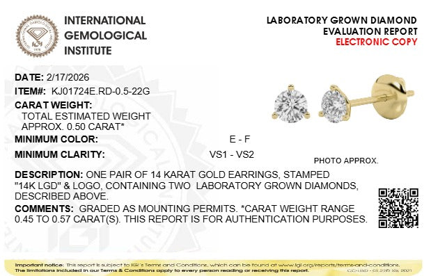 0.5CTW Round Lab-Grown Diamond Three Prong Martini Stud Earrings 2 Stones