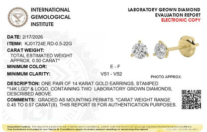 0.5CTW Round Lab-Grown Diamond Three Prong Martini Stud Earrings 2 Stones