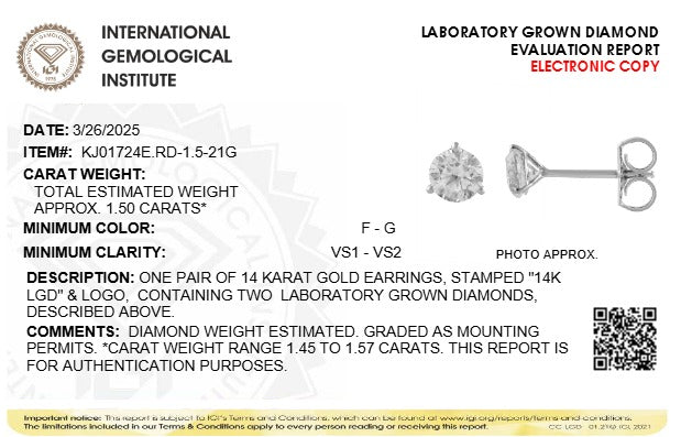 1.5CTW Round Lab-Grown Diamond Three Prong Martini Stud Earrings 2 Stones