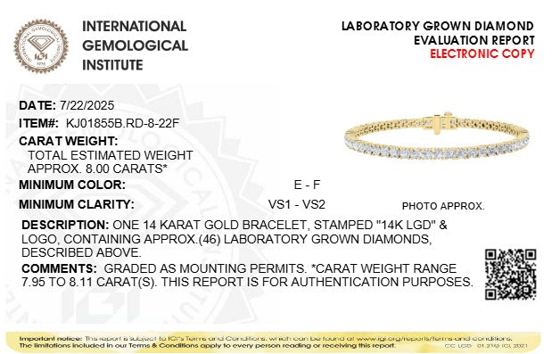 8CTW Round Lab-Grown Diamond Prong Tennis Bracelet 46 Stones