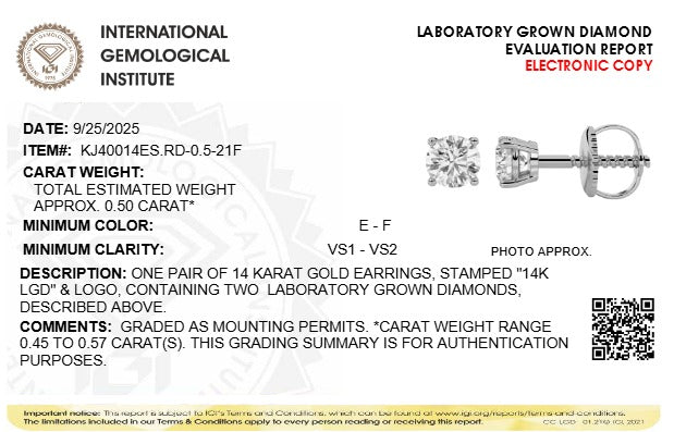 0.5CTW Round Lab-Grown Diamond Four Prong Stud Earrings 2 Stones