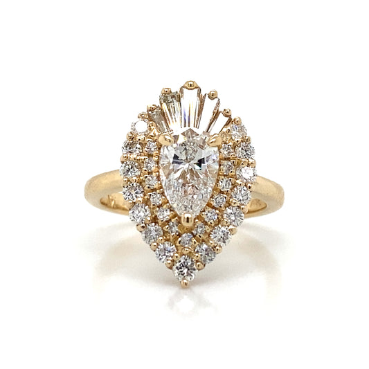 Double Halo Pear Shaped Engagement Ring in 14K Yellow Gold