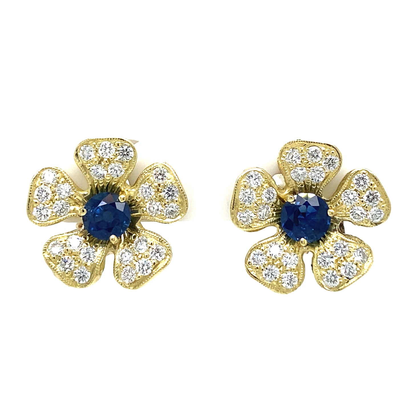 Floral Blue Sapphire Earrings in 18K Yellow Gold