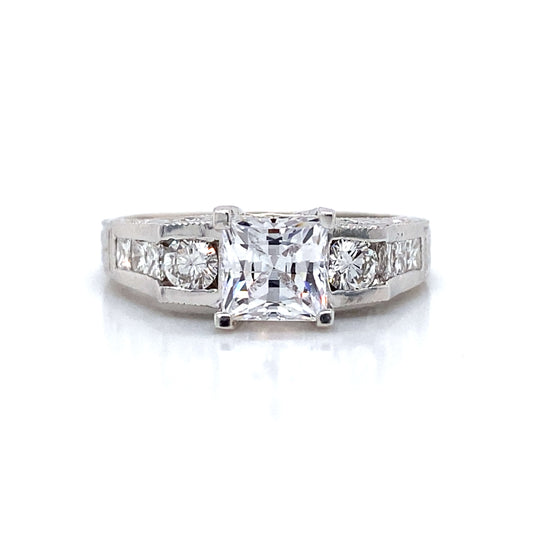 Side Stone Engraved Engagement Ring in 18K White Gold