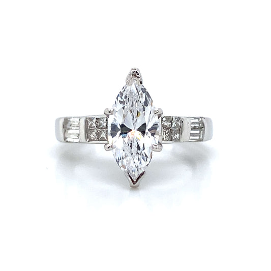 Side Stone Princess & Baguette Set Engagement Ring in 14K White Gold