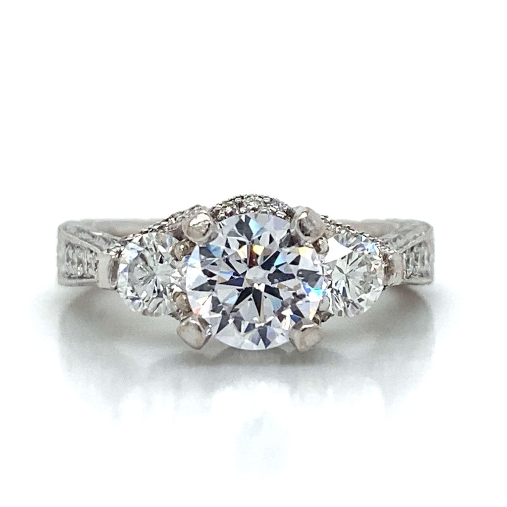 Three Stone Round & Pave Set Engagement Ring in 18K White Gold