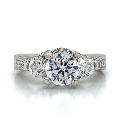 Three Stone Round & Pave Set Engagement Ring in 18K White Gold