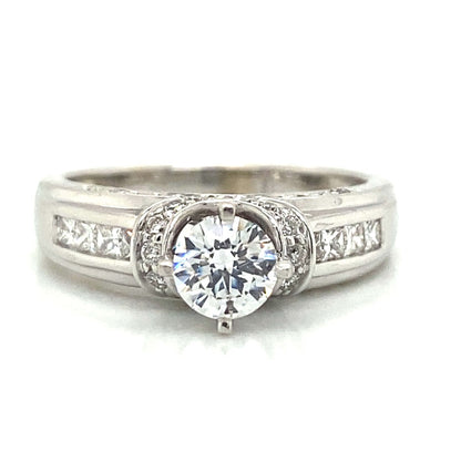 Side Stone Channel & Pave Set Engagement Ring in 14K White Gold