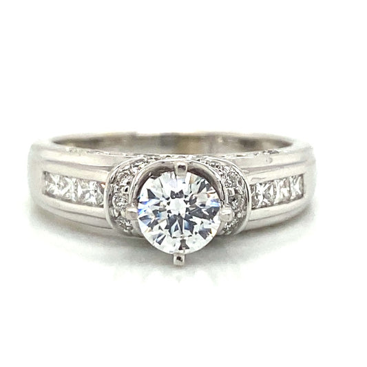 Side Stone Channel & Pave Set Engagement Ring in 14K White Gold