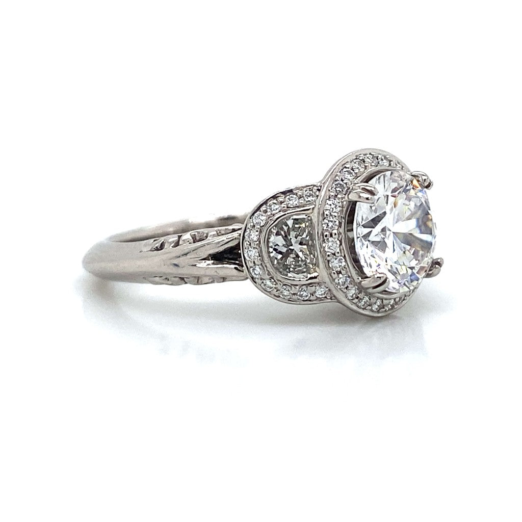Ritani Three Stone Halo Half Moon Shape Engagement Ring in Palladium