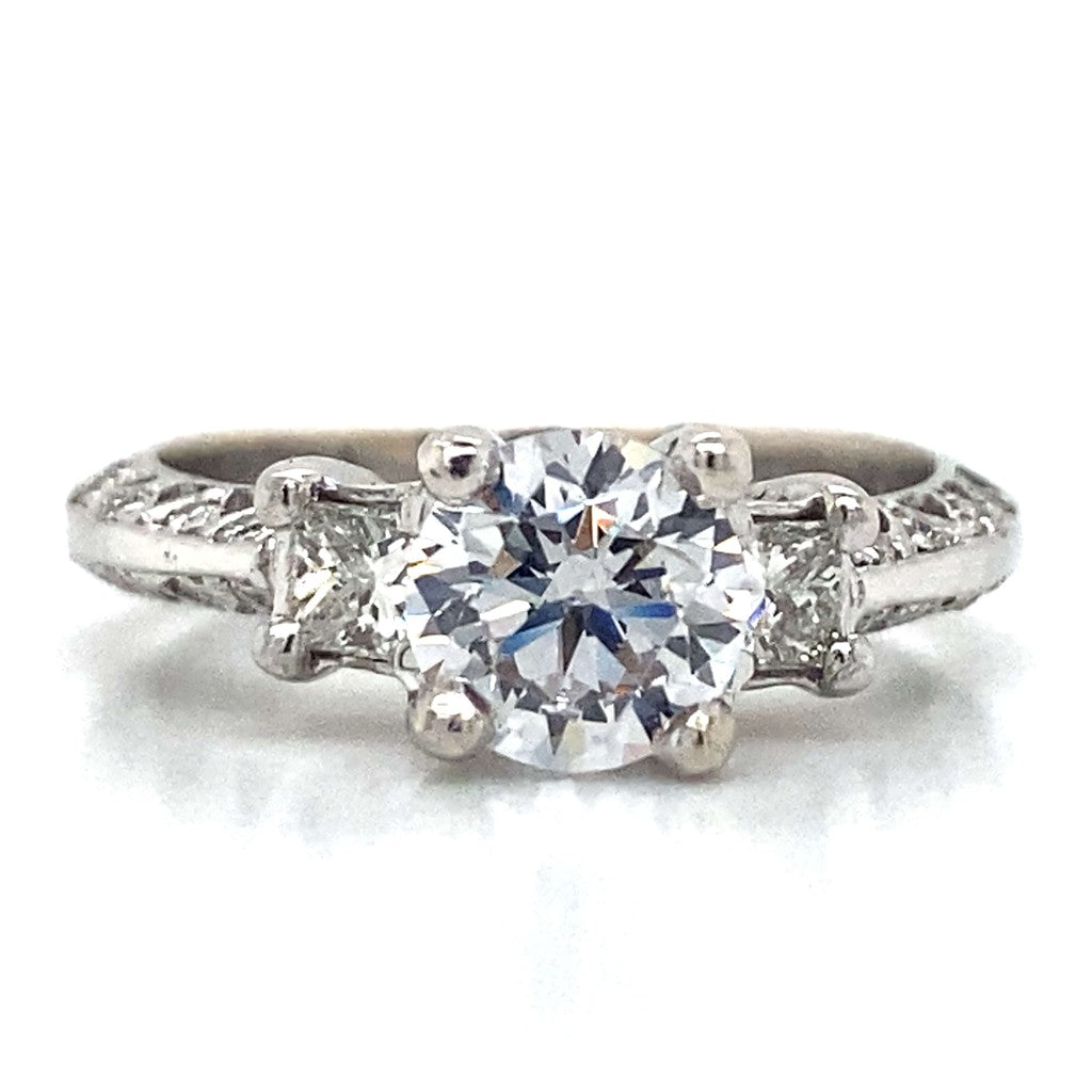Three Stone Princess Cut Antique Engagement Ring in 18K White Gold