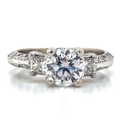 Three Stone Princess Cut Antique Engagement Ring in 18K White Gold