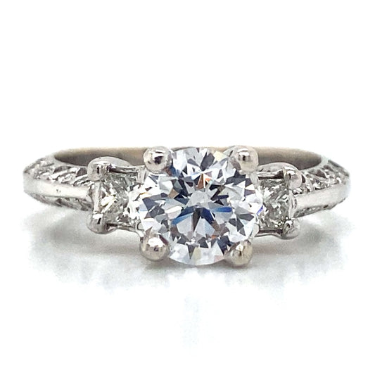 Three Stone Princess Cut Antique Engagement Ring in 18K White Gold
