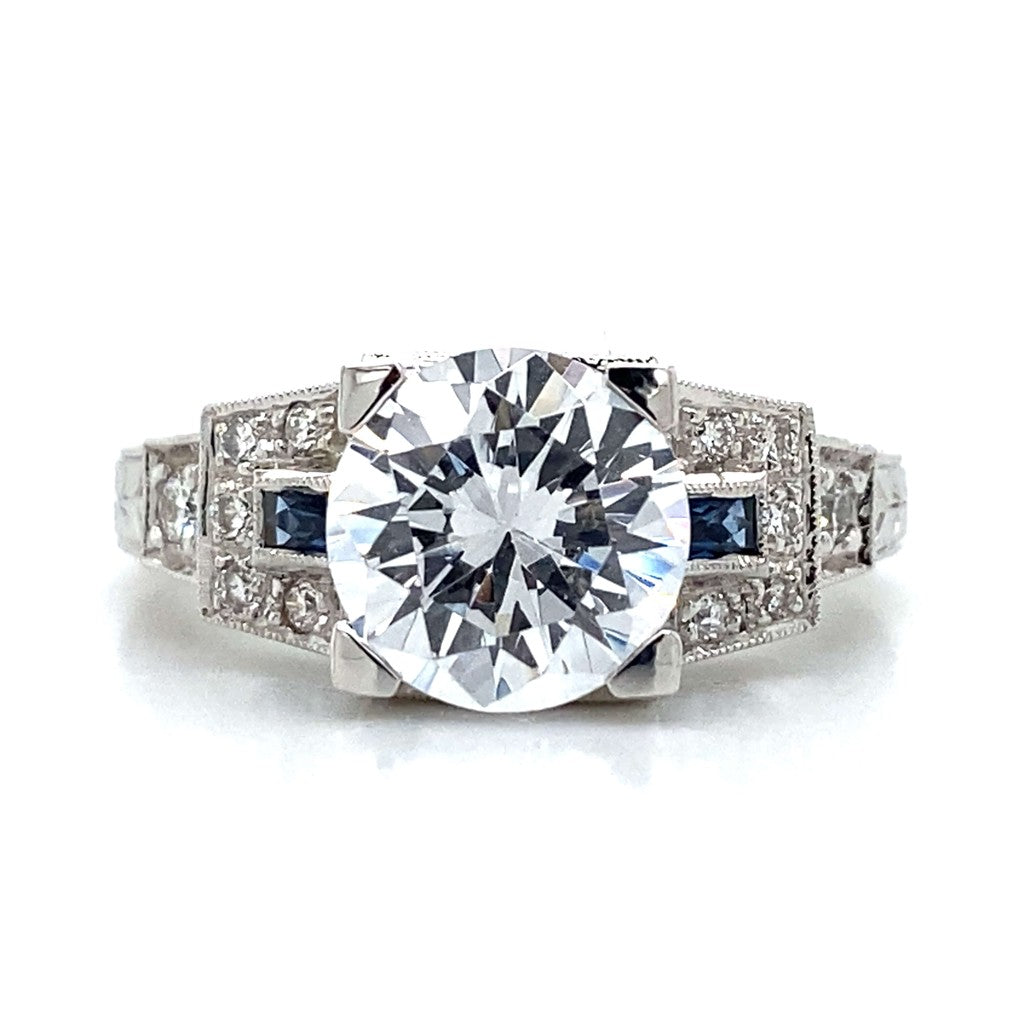 Side Stone Art Deco Style Engagement Ring in 14K White Gold