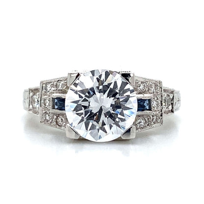 Side Stone Art Deco Style Engagement Ring in 14K White Gold