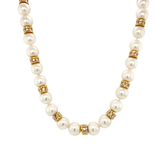 Diamond Roundels & Pearl Necklace in 14K Yellow Gold