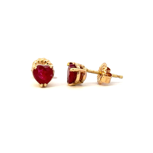 Heart Shaped Ruby Stud Earrings in 14K Yellow Gold