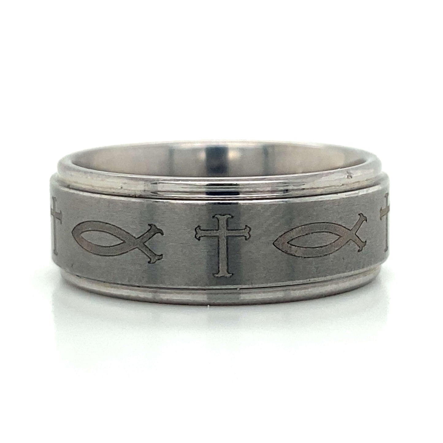 Tungsten Inscribed Cross & Fish Band