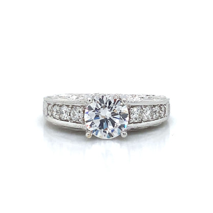 Side Stone Pave Engraved Engagement Ring in 18K White Gold