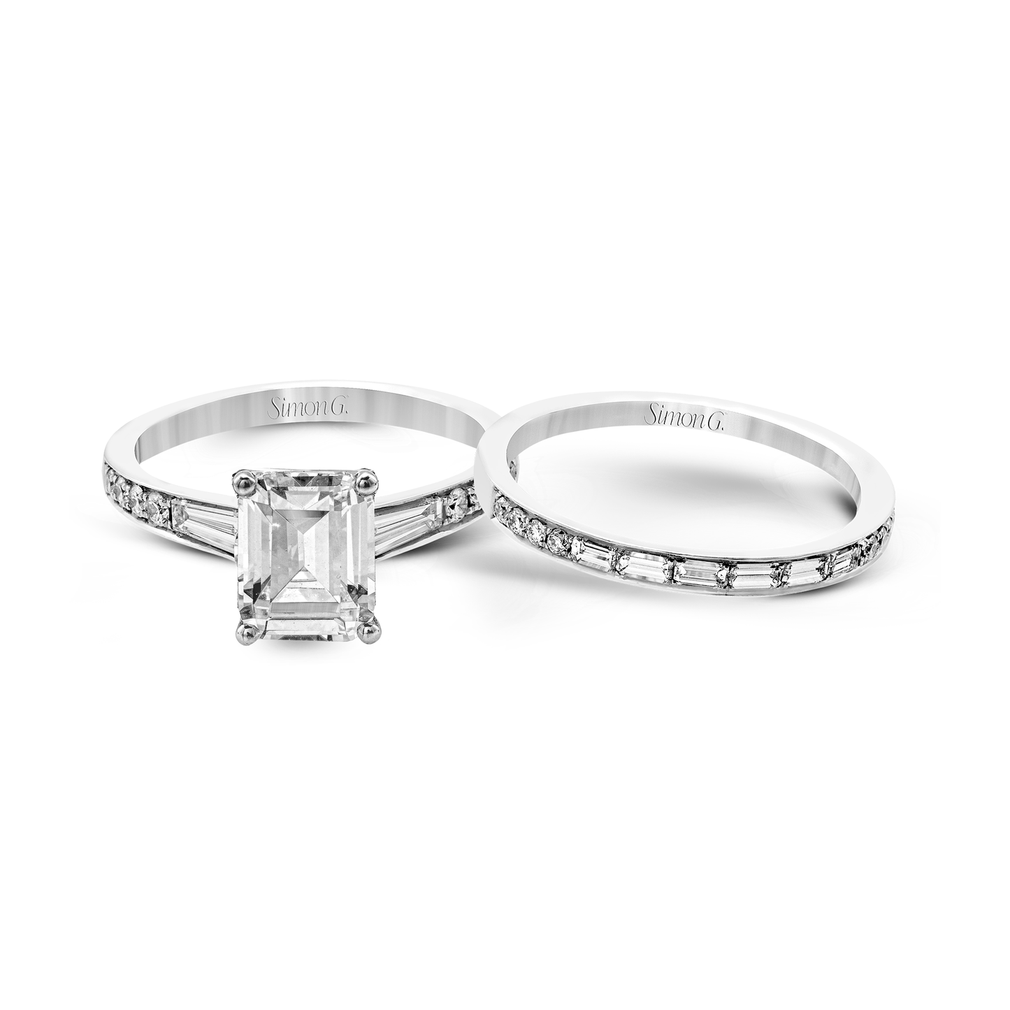 Emerald-cut Engagement Ring & Matching Wedding Band in 18k Gold with Diamonds