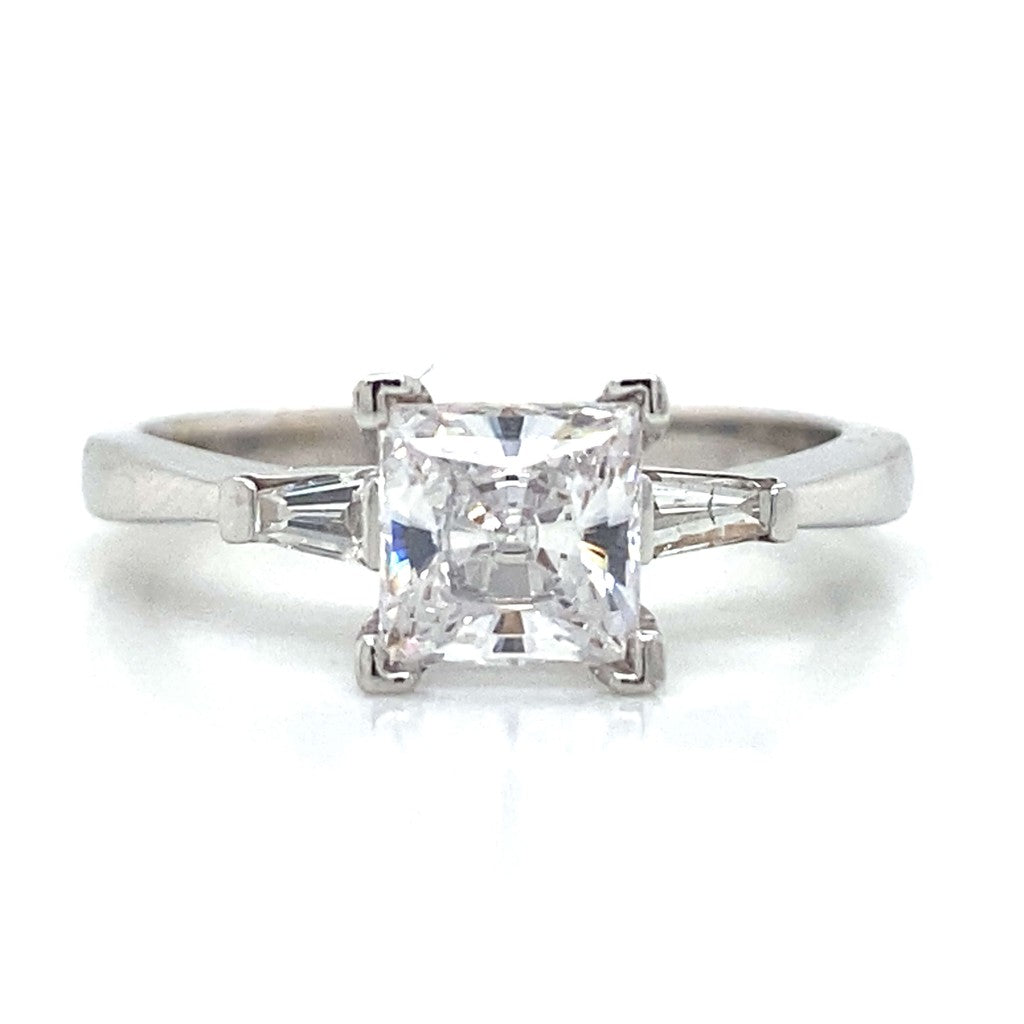 Three Stone Tapered Baguette Shaped Engagement Ring in 18K White Gold