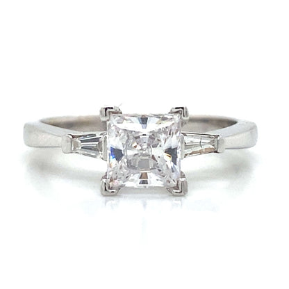 Three Stone Tapered Baguette Shaped Engagement Ring in 18K White Gold