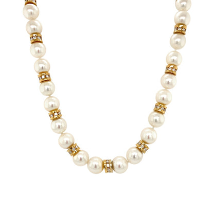 Diamond Roundels & Pearl Necklace in 14K Yellow Gold