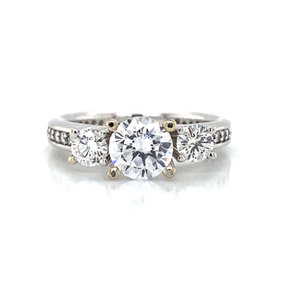 Three Stone Round & Pave Set Engagement Ring in 18K White Gold