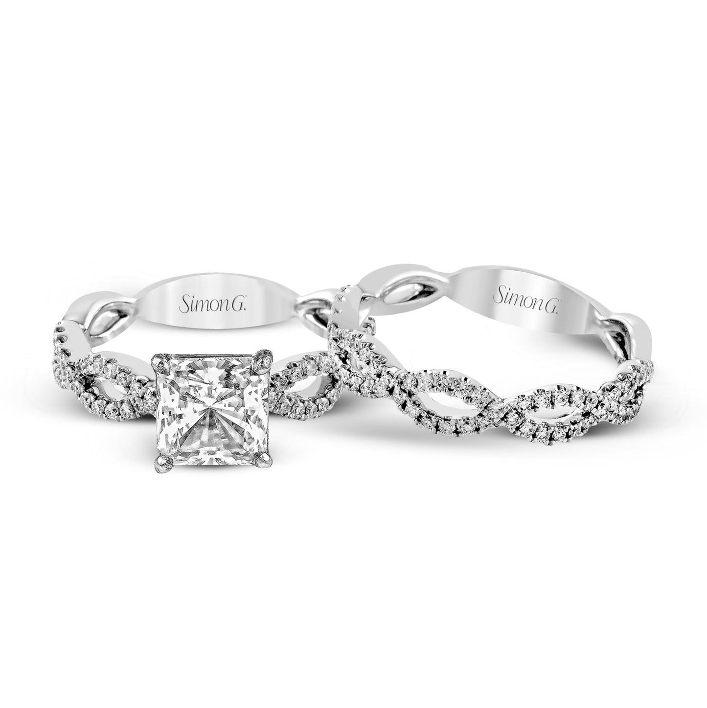 Princess-cut Criss-cross Engagement Ring & Matching Wedding Band in 18k Gold with Diamonds