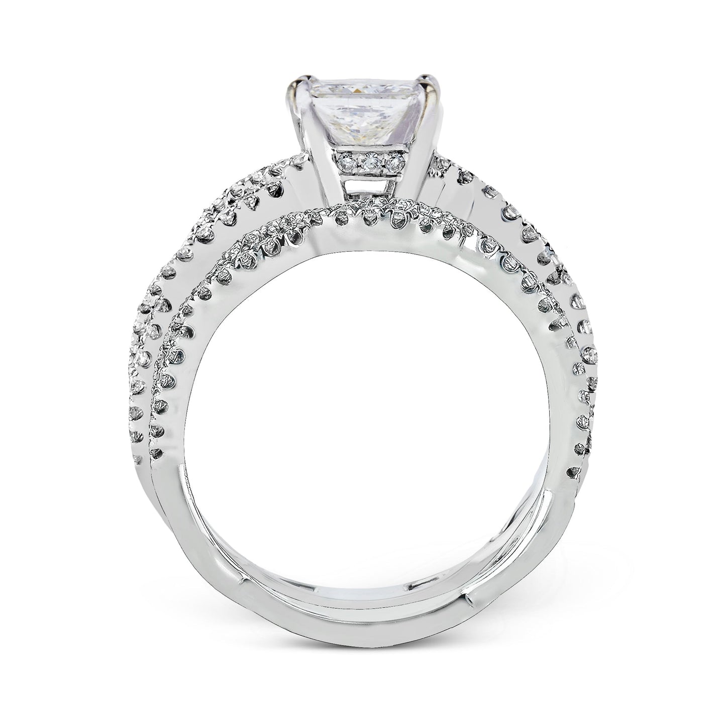 Princess-cut Criss-cross Engagement Ring & Matching Wedding Band in 18k Gold with Diamonds