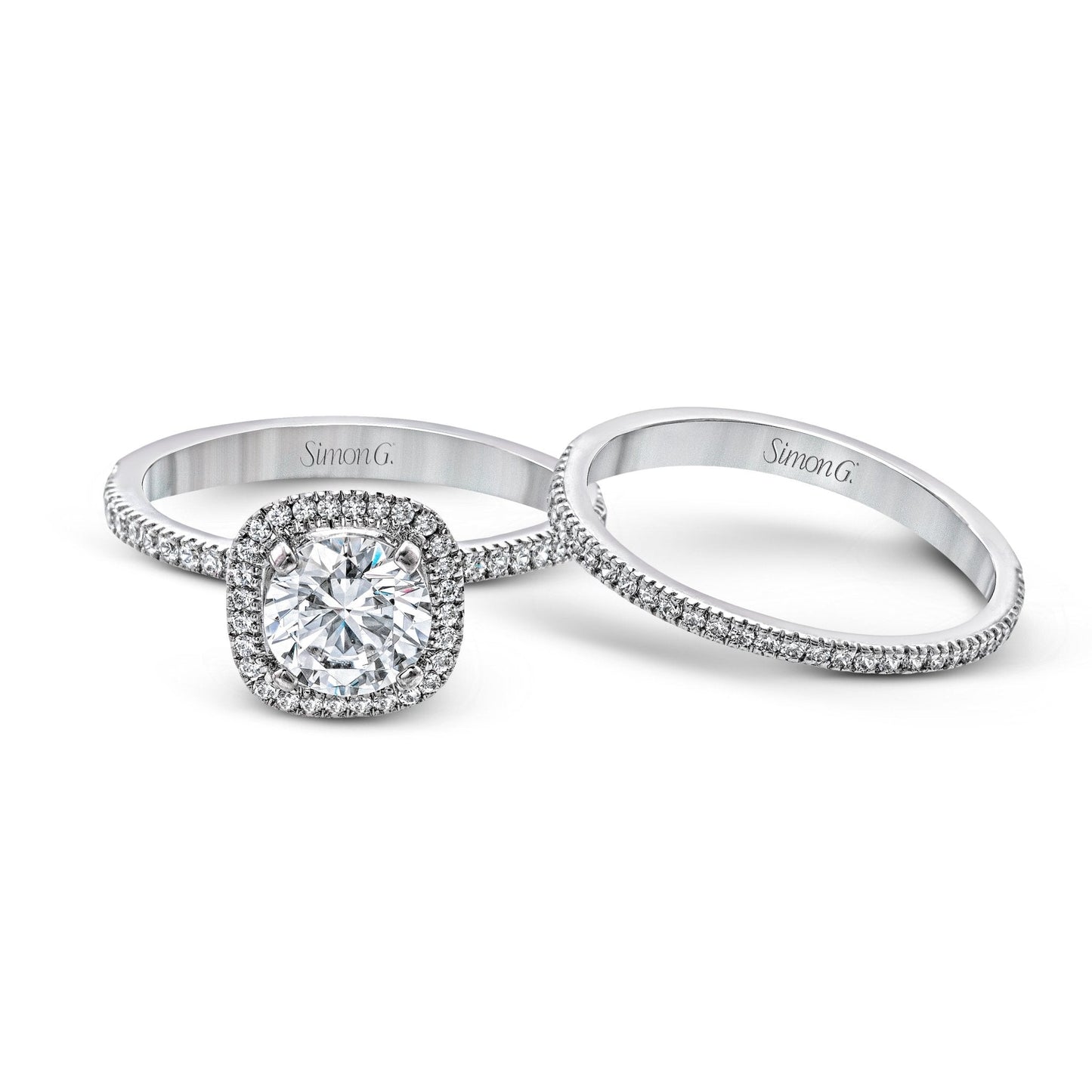 Round-cut Halo Engagement Ring & Matching Wedding Band in 18k Gold with Diamonds