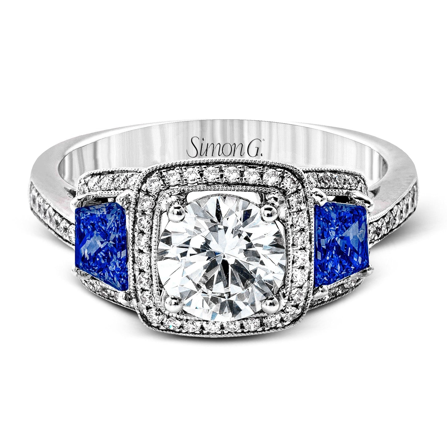 Round-Cut Three-Stone Halo Engagement Ring In 18k Gold With Diamonds & Sapphires