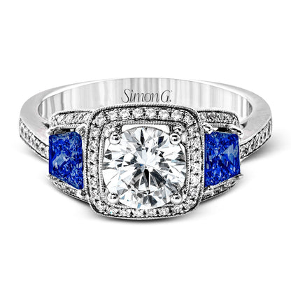 Round-Cut Three-Stone Halo Engagement Ring In 18k Gold With Diamonds & Sapphires