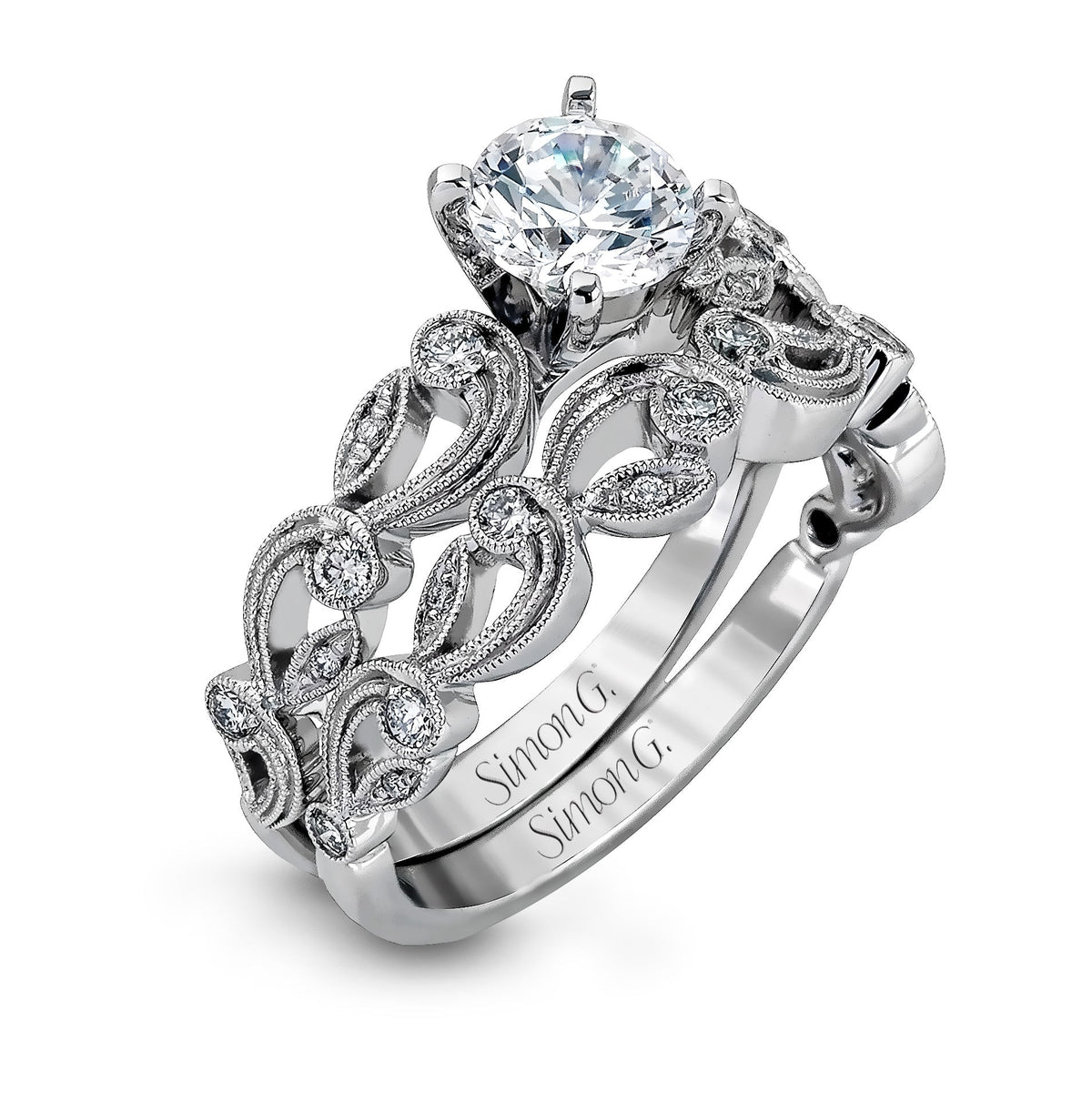 Round-cut Trellis Engagement Ring & Matching Wedding Band in 18k Gold ...