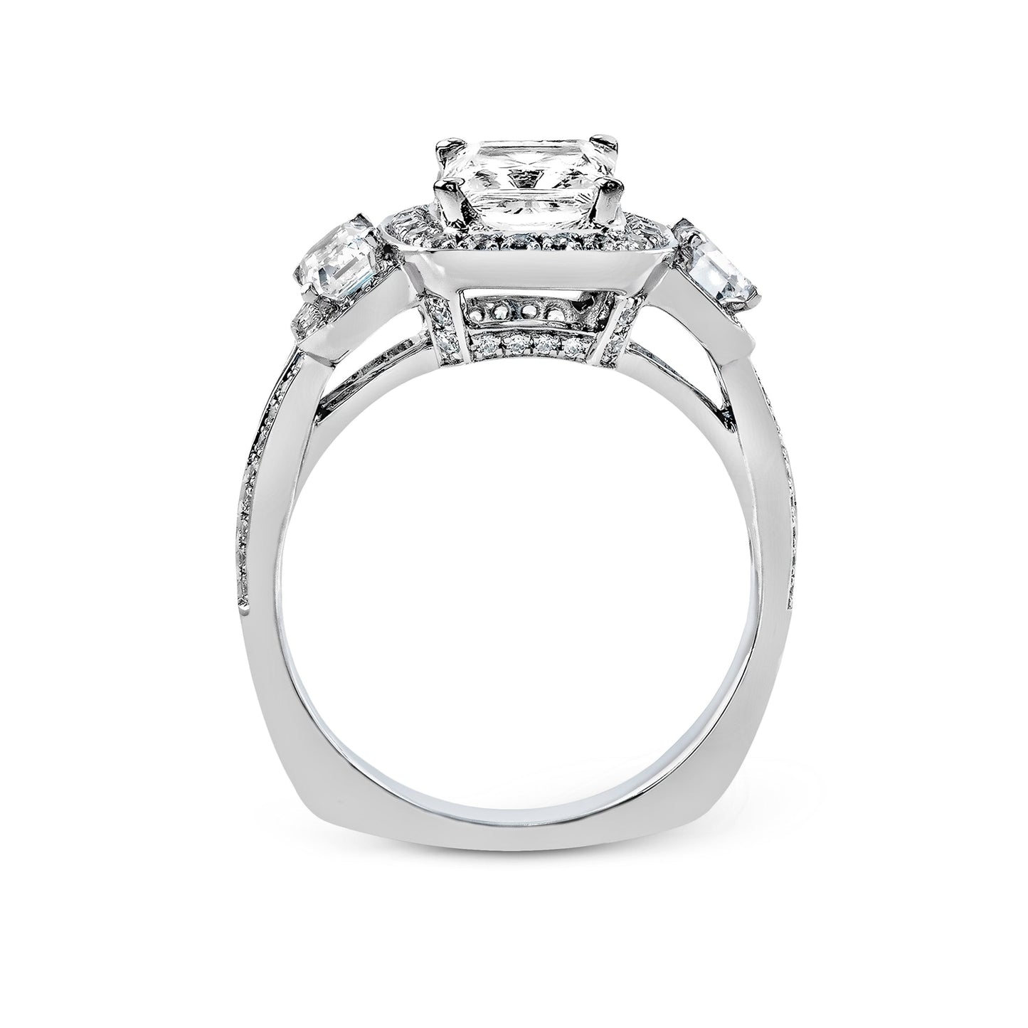 Princess-Cut Three-Stone Halo Engagement Ring In 18k Gold With Diamonds